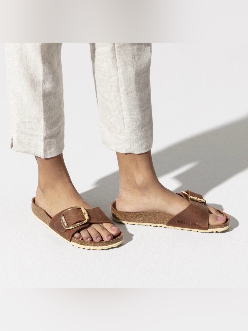 Birkenstock Tan Leather Madrid Slide Sandals with Gold Buckle